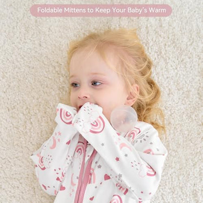 Baby Sleep Sack 6-12 Months, Long Sleeve Baby Wearable Blanket 0.5 Tog with Mittens, 2-Way Zipper Infant Cotton Sleeping Sack for Boy and Girl Pink Rainbow 2 Pack (Medium)