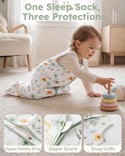Baby Sleep Sack 18-24 Months 0.5 TOG, 100% Cotton Baby Wearable Blanket 2 Pack with 2-Way Zipper, Lightweight Sleep Bag for Boys ＆ Girls Toddler Breathable Sleeing Sack Green Flower