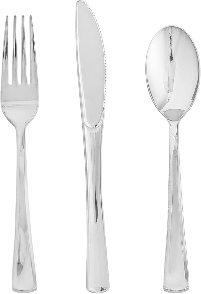 SUT 600PCS Silver Plastic Silverware, Plastic Silverware Heavy Duty, Disposable Cutlery, 200 Forks,200 Spoons, 200 Knives for Party