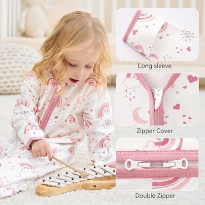 Baby Sleep Sack 18-24 Months, Long Sleeve Baby Wearable Blanket 0.5 Tog with Mittens, 2-Way Zipper Toddler Cotton Sleeping Sack for Boy and Girl Pink Rainbow 2 Pack(XLarge)