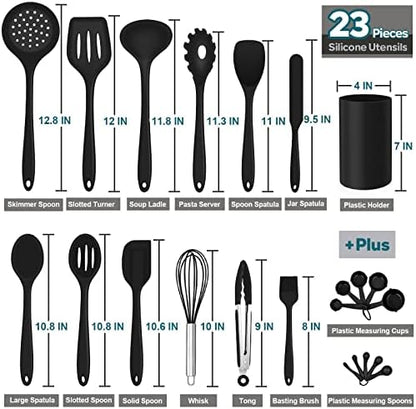 Silicone Kitchen Utensils Set, E-far 23 Pcs Black Cooking Utensils Tools with Holder for Nonstick Cookware, Include Spatula/Spoon/Ladle/Tongs/Turner, Heat Resistant & Nontoxic, Dishwasher Safe
