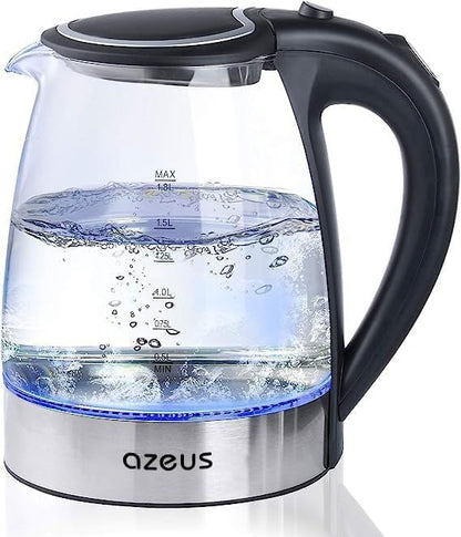 AZEUS Glass Electric Kettle - 1.8L Fast Boiling Auto-Shutoff & Anti-Dry Heat Safety Kettle for Home/Office, Borosilicate Glass with LED Indicator (white)