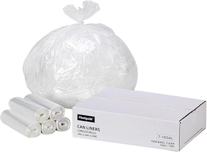 7-10 Gallon Clear Trash Can Liners, 24'' x 24'', Wholesale 1000 Count, High Density Garbage Bags for Office, Bathroom, Commercial and Industrial Use