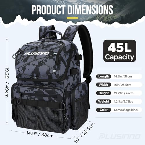 PLUSINNO Cooler Fishing Backpack with Rod Holders 45L Large Water-resistant Fishing Tackle bag Store Fishing Gear Fishing Gifts for Men Father