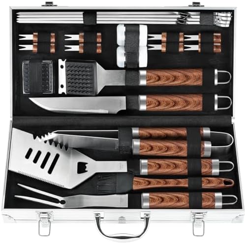 POLIGO 22PCS Heavy Duty BBQ Grill Accessories Set, Non-Slip Grill Tools for Outdoor Grill Set Stainless Steel Grill Utensils Set, Deluxe Grilling Tools Set in Aluminum Case Ideal Gifts for Men Brown