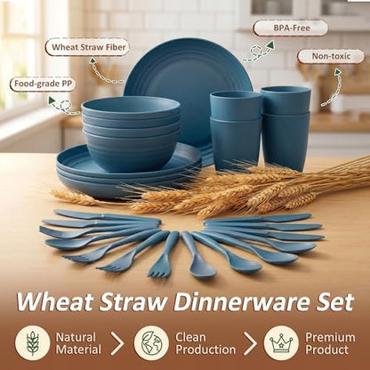 Dishes Set for 4, Unbreakable Plate and Bowl Set for 4 - Blue