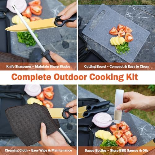Outdoor Santoku Knife Set – 3 Titanium-Coated Knives with Grip Ring Handles, Sharpener, Cutting Board, Seasoning Bottles & Travel Case – Portable BBQ, RV & Beach Cooking Kit