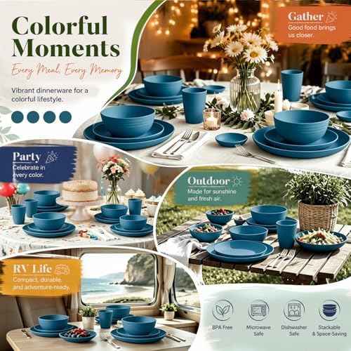 Wrova Plates and Bowls Set,Wheat Straw Dinnerware Sets,Blue Dish Set for 8
