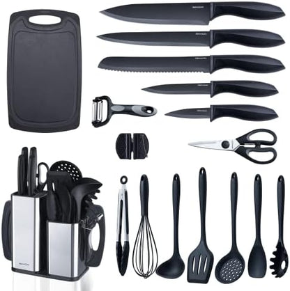 RAXCO Kitchen Utensils Set,18-Piece Cooking Utensils and Knife Set,Black