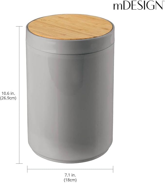 mDesign Plastic Round Trash Can Small Wastebasket - Garbage Bin Container with Swing-Close Lid - Bathroom Garbage Basket - Holds Waste, Recycling - 1.3 Gallon - Basa Collection - Gray/Natural
