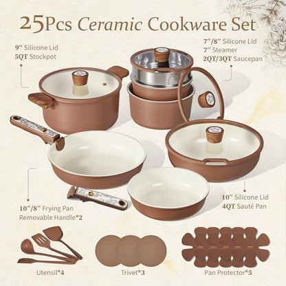 CAROTE 25pcs Ceramic Cookware Sets, Nonstick Pots and Pans Set Non Toxic