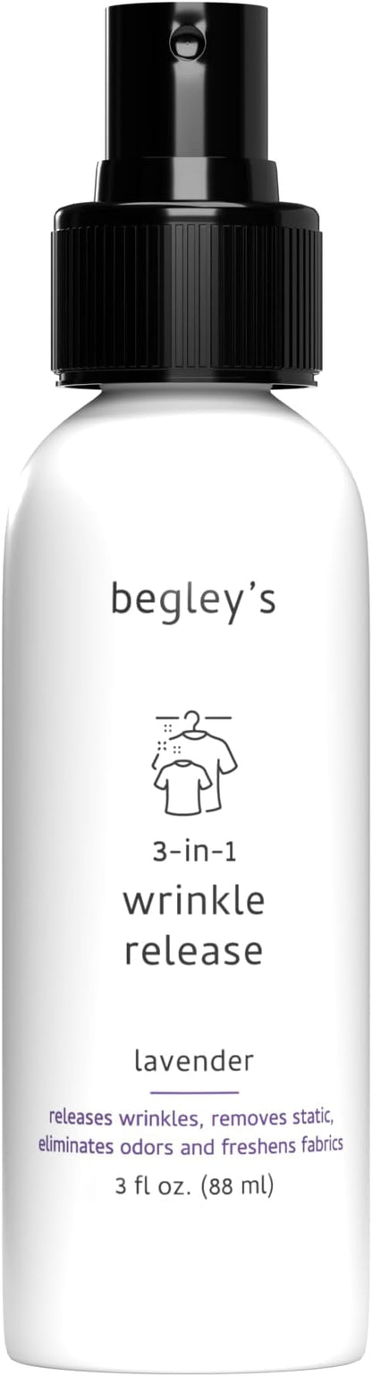 Begley's 3-in-1 Wrinkle Remover, Quick Fix Wrinkle Release, Static Cling Remover, Odor Eliminator and Fabric Refresher Spray - USDA Certified Biobased - Lavender, 3 oz Travel Size