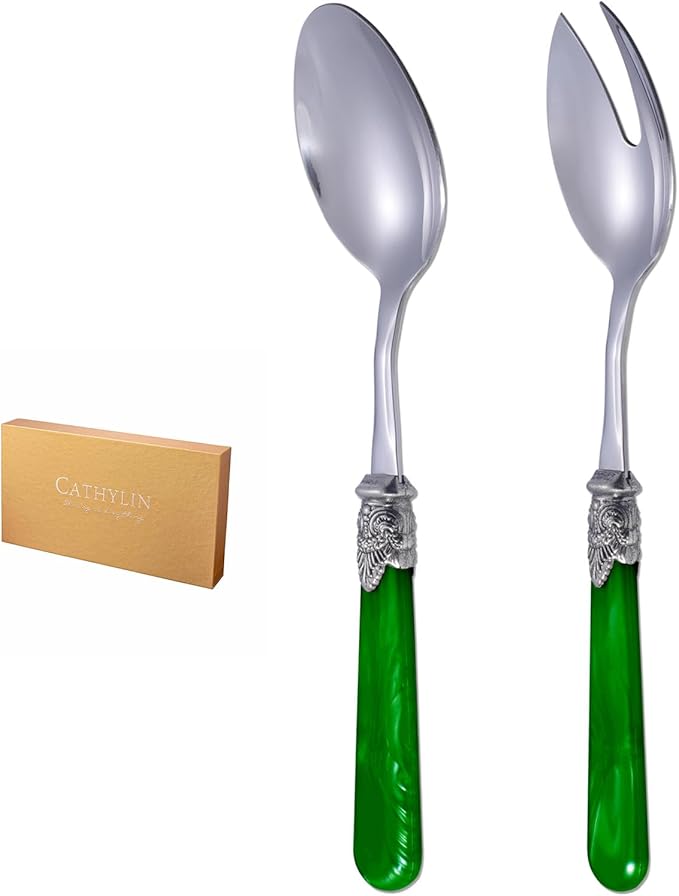 2-piece Salad Servers Stainless Steel Salad Serving Set Salad Fork and Spoon (Deep Green)