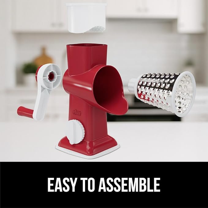 GORILLA GRIP BPA-Free Rotary Cheese Grater Hand Crank, Easy to Set Up, Strong Suction Base for Kitchen Countertop, Shred Potato, Vegetable, Nuts in Seconds, Round Mandoline Slicer, 3 Blades, Red