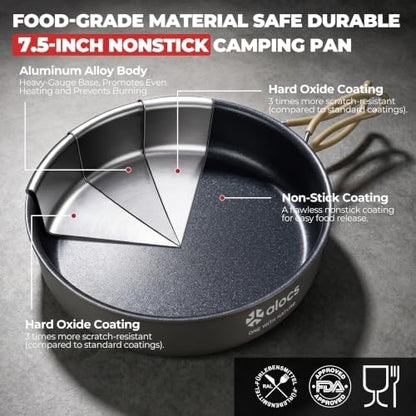 ALOCS 2-Piece Camping Cookware Set, 2.2L Pot & 7.5-Inch Nonstick Fry Pan