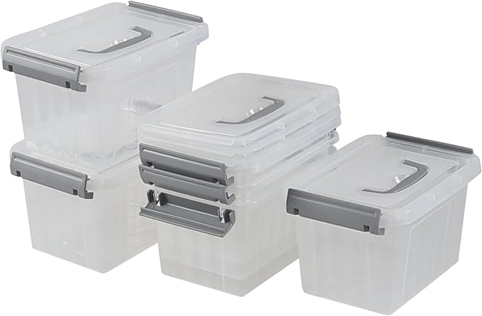 3 L Small Clear Storage Latch Box, 6 Pack Plastic Stackable Organizer Containers with Lids
