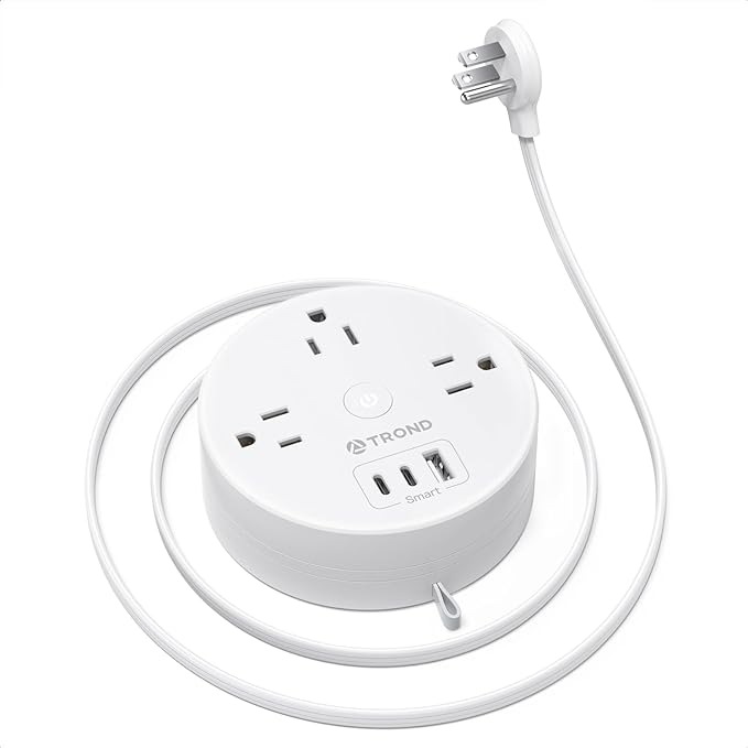 TROND Flat Plug Power Strip - Extension Cord 10FT Semi-Retractable, Power Strip with 3 AC Outlets 3 USB Ports (2 USB C), Cruise Ship Essentials, Desktop Charging Station for Home, Hotel, Dorm