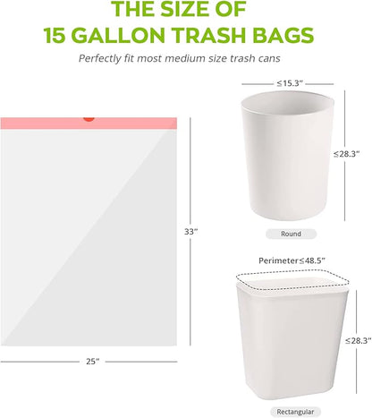 Heavy Duty 15 Gallon Drawstring Trash Bags, 108 Count Ultra Thick Strong Plastic Garbage Bags, Clear Unscented Trash Can Liners for Tall Kitchen Office Lawn Yard