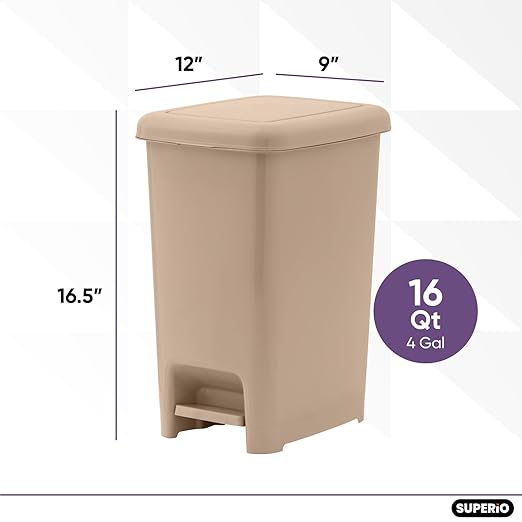 Superio Slim Step On Trash Can, Beige Waste Bin with Foot Pedal Lid 26 Liter, Kitchen, Under Desk, Office, Bedroom, Bathroom (1, 4 Gallon)