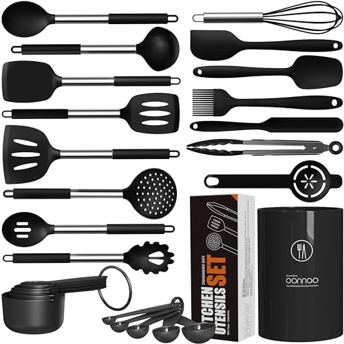 oannao Large Silicone Cooking Utensils Set - Heat Resistant Kitchen Utensils Sets,Spatula,Spoon,Turner Tongs,Whisk,Stainless Steel Cooking Utensil for Nonstick Cookware Dishwasher Safe (Black)