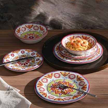 Premium Melamine Dinnerware Sets for 4, 12-Piece Plates and Bowls Sets, Red