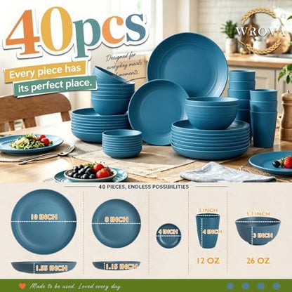 Wrova Plates and Bowls Set,Wheat Straw Dinnerware Sets,Blue Dish Set for 8