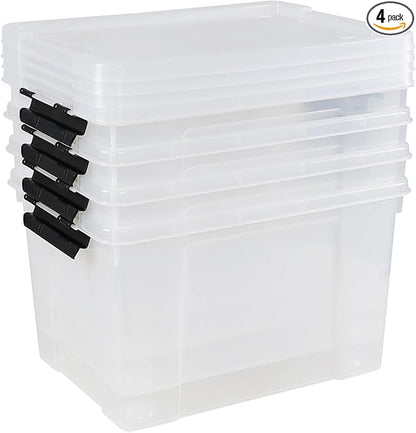 34 L Clear Plastic Storage Bins Box with Lid, Stackable Lidded Storage Bin Container with Wheels and Secure Latching Buckles, 4 Packs