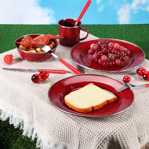 Nuogo 48 Pcs Camping Dinnerware Enamel Mugs Plates Bowls Utensils, Red