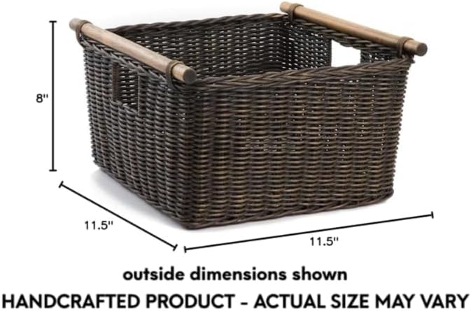 The Basket Lady Deep Pole Handle Wicker Storage Basket, Small, 11.5 in L x 11.5 in W x 8 in H, Antique Walnut Brown