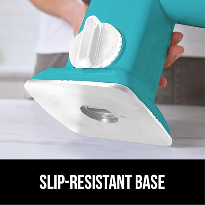 GORILLA GRIP BPA-Free Rotary Cheese Grater Hand Crank, Easy to Set Up, Strong Suction Base for Kitchen Countertop, Shred Potato, Vegetable, Nuts in Seconds, Round Mandoline Slicer, 3 Blades, Turquoise