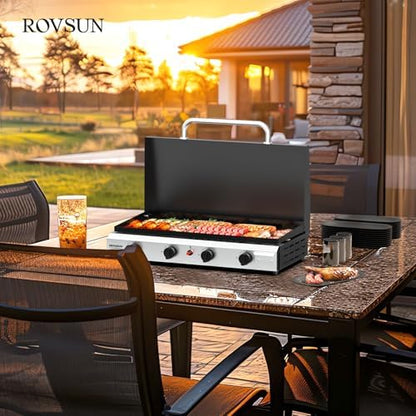 ROVSUN 4 Burner Portable Propane Griddle with Ignition & Regulator, 40,000 BTU Tabletop Flat Top Gas Grill with Enameled Tray & Lid for Outdoor Cooking Camping BBQ Tailgating Electronic