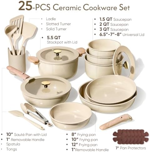 CAROTE 25pcs Ceramic Cookware Set, Pots and Pans Set with Detachable Handle