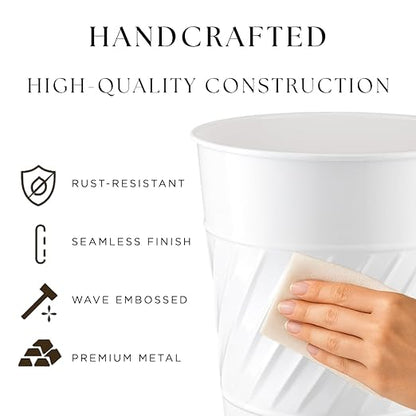 Monarch Abode White Handcrafted Wave Embossed Metal Wastebasket for Home Office Bedroom, Decorative Waste Basket, Modern Bathroom Garbage Can, Durable & Decorative Trash Bin, White Bathroom Trash Can