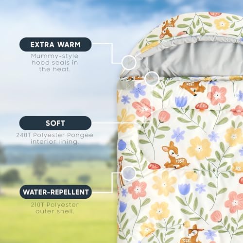 Wake In Cloud - Kids Sleeping Bag for Girls Toddlers, Camping in Warm Cold Weather, Backpacking Lightweight Compact Outdoor Liner for 3 Seasons, Deer Floral Garden
