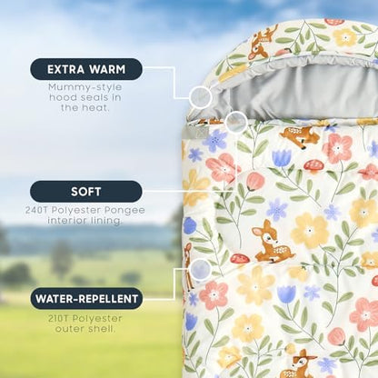 Wake In Cloud - Kids Sleeping Bag for Girls Toddlers, Camping in Warm Cold Weather, Backpacking Lightweight Compact Outdoor Liner for 3 Seasons, Deer Floral Garden