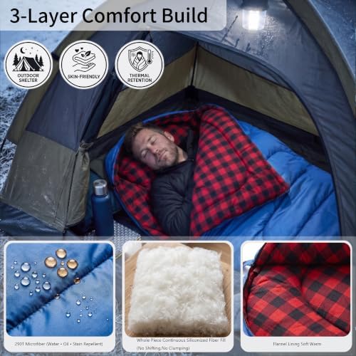 Winter Flannel Sleeping Bags XL for Big & Tall Adults, Cold Weather Camping