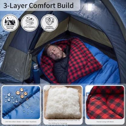 Winter Flannel Sleeping Bags XL for Big & Tall Adults, Cold Weather Camping