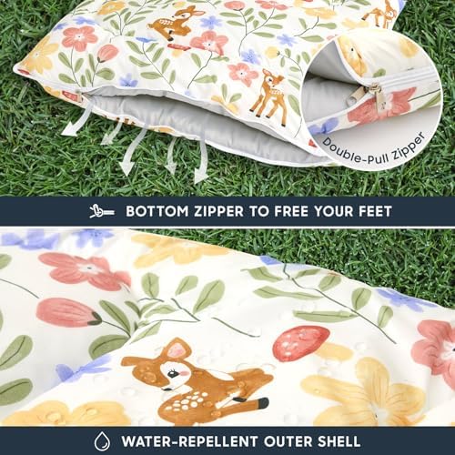 Wake In Cloud - Kids Sleeping Bag for Girls Toddlers, Camping in Warm Cold Weather, Backpacking Lightweight Compact Outdoor Liner for 3 Seasons, Deer Floral Garden