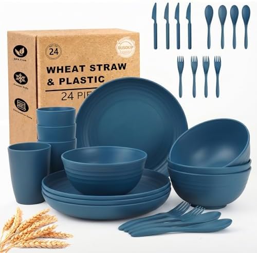 Dishes Set for 4, Unbreakable Plate and Bowl Set for 4 - Blue
