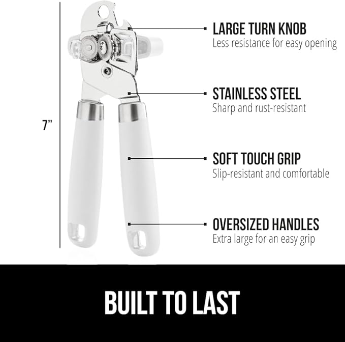 GORILLA GRIP Heavy Duty Stainless Steel Smooth Edge Manual Can Opener and Bottle Openers, Soft Comfortable Handle, Oversized Handheld Turn Knob, US Designed Multifunctional Kitchen Tool, White
