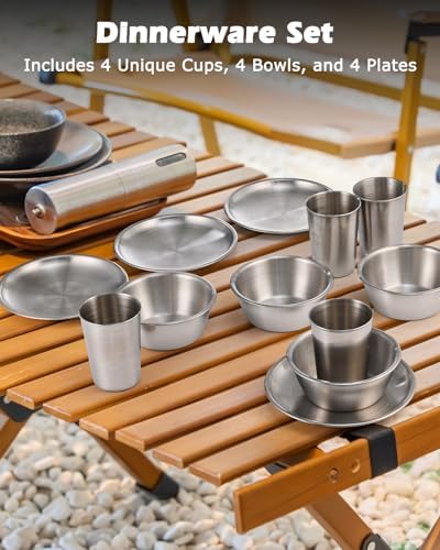 Hozzen Camping Cooking Set - Camping Utensil Set Car Camping Cooking Essentials Gear for Camp Kitchen Cooking and Grilling, Stainless Steel & Silicone Ideal Gift for RV Tent Camper, Picnics, BBQs