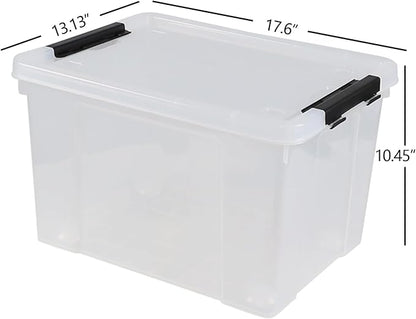 34 L Clear Plastic Storage Bins Box with Lid, Stackable Lidded Storage Bin Container with Wheels and Secure Latching Buckles, 4 Packs