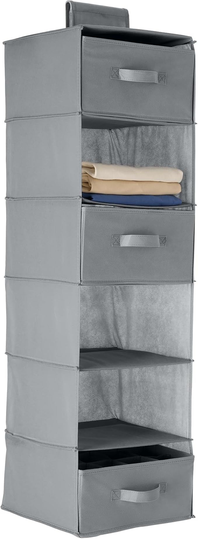 Amazon Basics 6-Tier Hanging Shelf Closet Storage Organizer with Removable Drawers, Grey, 6.9"D x 13.6"W x 12.2"H