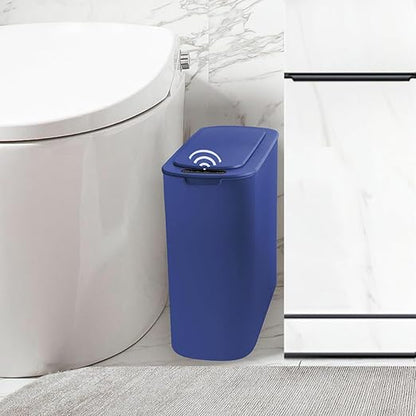 Automatic Motion Sensor Bathroom Trash Can with Lid, 2.6 Gallon Touchless Trash Bin, Smart Garbage Can Plastic Slim Wastebasket for Bedroom, Office, Dorm (Blue)