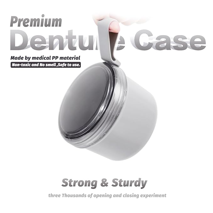 Large Denture Bath Cup No Leak Denture Case Retainer Cleaner Case Complete Cleaning Care Denture Clear and Retainer Denture Holder for Soaking (grey)