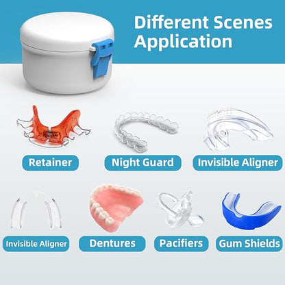 BVN Leak-Proof Denture Bath Cup for Travel, Denture Cup for Soak Dentures, Retainer Cleaning Case with Strainer (White + Blue)