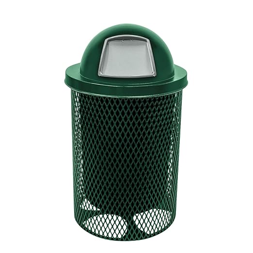 COATEDOUTDOORFURNITURE RDT-TXTGRN Heavy Duty 32 Gallon Round Trash Receptacle, Liner Included, Textured Green with Textured Green Steel Dome Top, Made in America