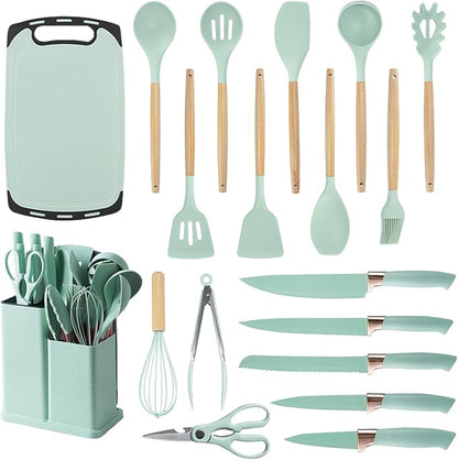 Cooking Utensils Set - 19 Piece Set with 11 Spatulas, 6 Sharp Knives, Silicone Utensils & Cutting Board (Green)