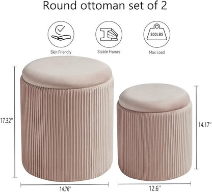 Round Set of 2 Ottoman with Storage-Upholstered Velvet Vanity Stool for Makeup Multifunctional Ottomans Coffee Table Padded Seat Foot Rest for Living Room&Bedroom (Pink)