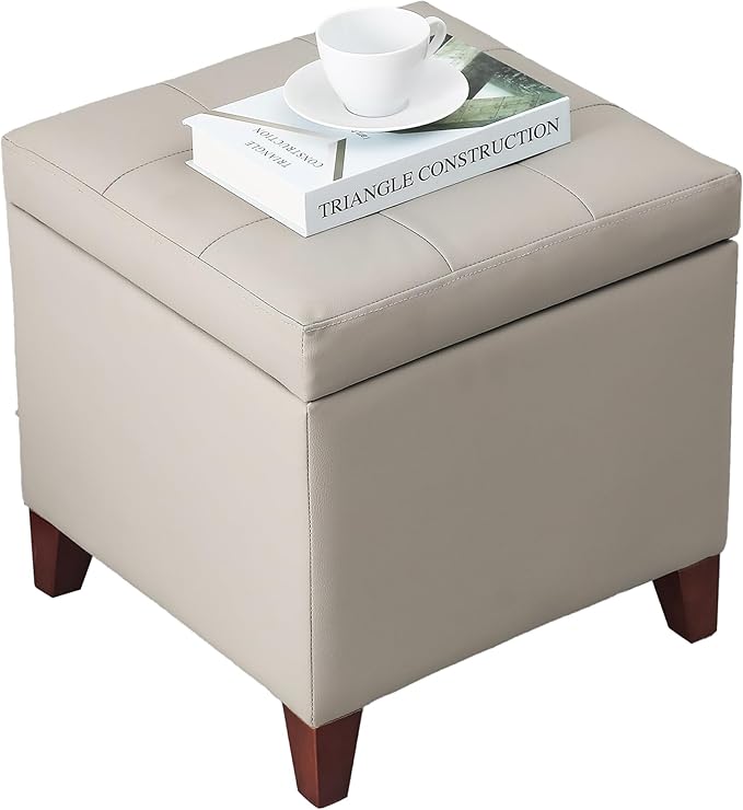 Adeco 18" PU Storage Ottoman, Upholstered Square Faux Leather Foot Rest - Flip Top Footstool with Sturdy Wood Legs, Small Cube Coffee Table Extra Seat for Living Room, Bedroom, Elephant Grey